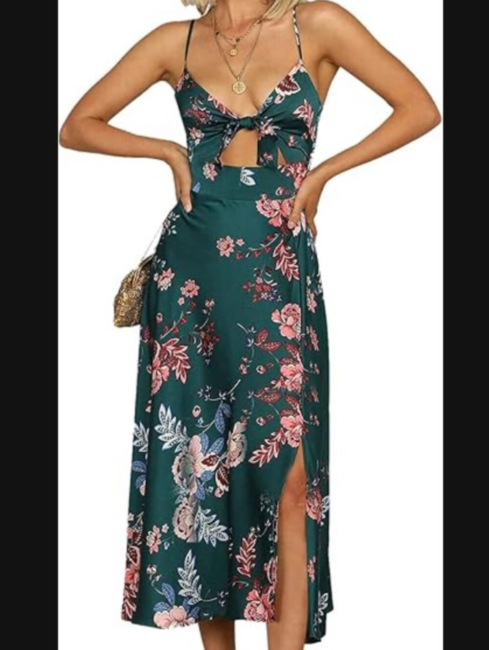 Floral Tie-Front Green Midi Dress with Side Slit